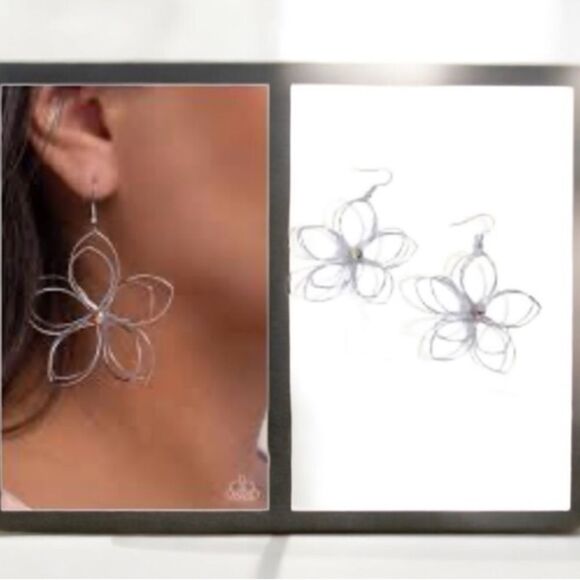 Paparazzi Wiry Whisper Floral Rhinestone Earrings Silver Large Shepard Hook New - Picture 2 of 4